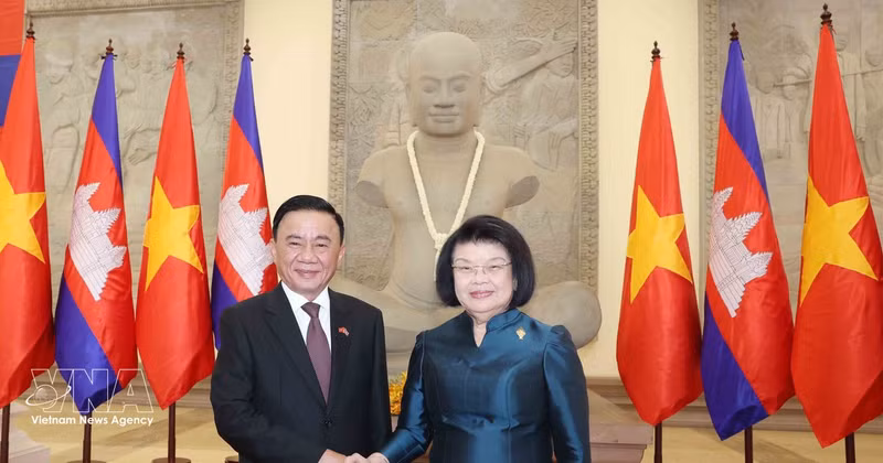 Politburo member and Permanent member of the Communist Party of Viet Nam Central Committee’s Secretariat Tran Cam Tu (left) meets with President of the Cambodian National Assembly Samdech Khuon Sudary in Phnom Penh on April 10. (Photo: VNA)