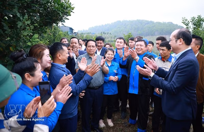 Prime Minister Pham Minh Chinh visits a macadamia cultivation model in Huoi Tao B village, Pu Nhi commune, Dien Bien province on March 8. (Photo: VNA)