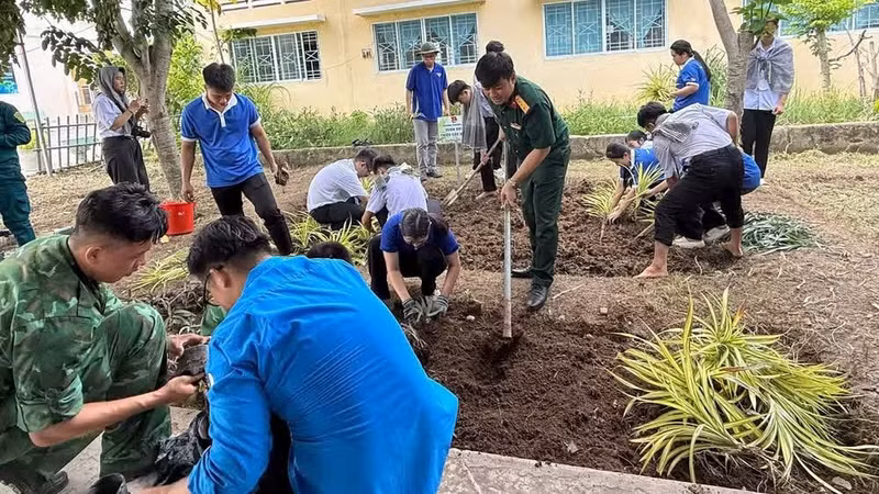Student volunteers, along with Border Guard and Police officers, participate in building a tree nursery in Thuong Lac ward, Dong Thap province. (Photo: HUU NGHIA)