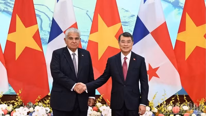 Prime Minister Le Minh Hung (R) meets with Panamanian President José Raúl Mulino in Hanoi on October 7. (Photo: VNA)
