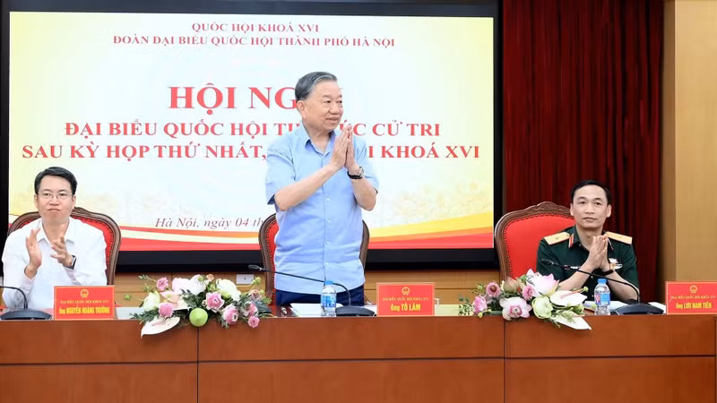 Party General Secretary and State President To Lam and National Assembly deputies meet with voters from wards in Constituency No. 1, Ha Noi, after the first session of the 16th National Assembly.
