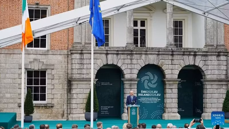 Irish Prime Minister Micheal Martin speaks at the opening ceremony marking Ireland’s Presidency of the Council of the European Union in Dublin, Ireland, on July 1, 2026. (Photo: Xinhua)
