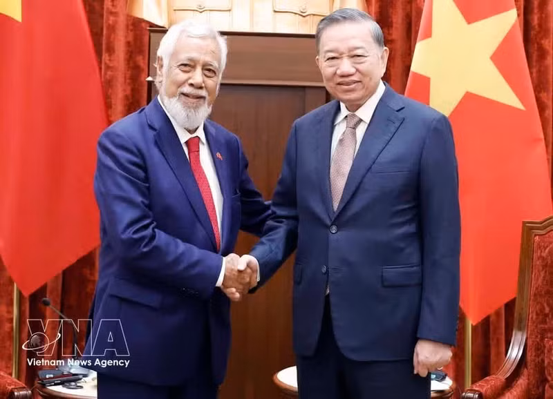 General Secretary of the Communist Party of Viet Nam (CPV) Central Committee and State President To Lam (right) and Prime Minister of Timor-Leste Kay Rala Xanana Gusmão at their meeting in Ha Noi on June 10 (Photo: VNA)