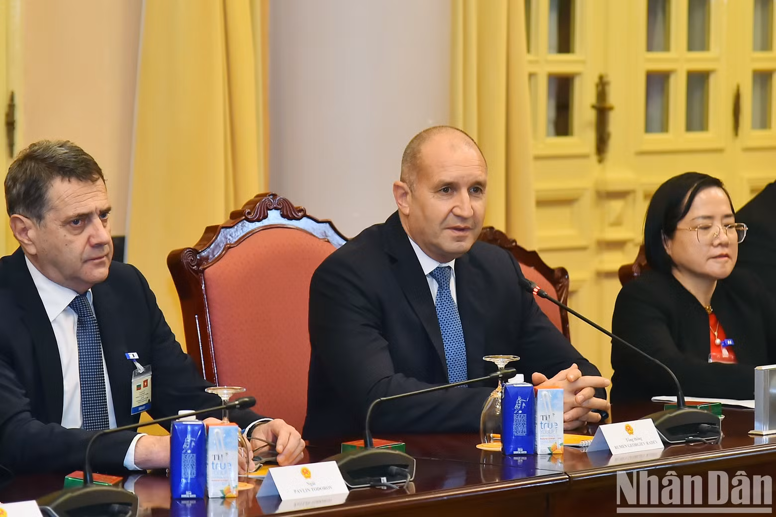 Bulgarian President Rumen Radev speaks at the talks.