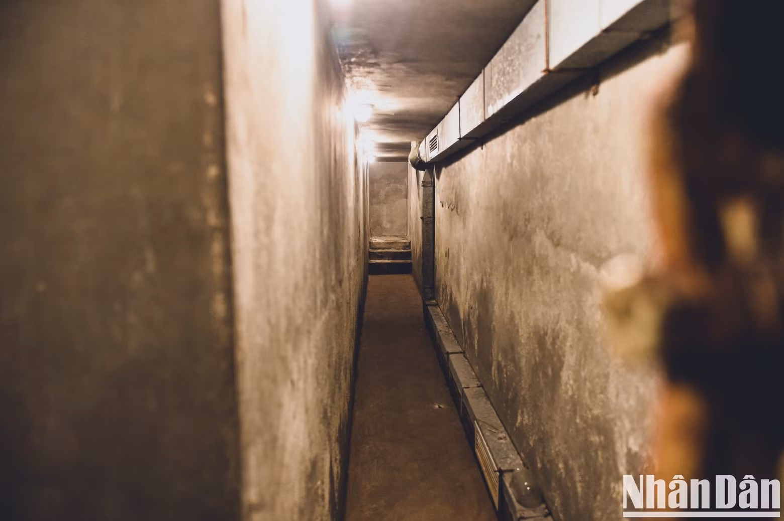 The basement is 3m deep underground and about 1m wide. The two sides of the tunnel are poured with concrete, while the ceiling is concreted with steel mesh. The space in the middle of the basement is about 10m2 wide for editing and sketching daily newspapers. The entire surface of the tunnel is covered with soil.