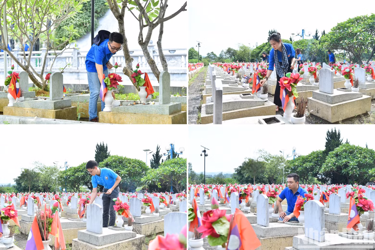The delegation offering incense to commemorate officers, volunteer soldiers and military experts who died at the Vietnam-Laos International Martyrs' Cemetery.