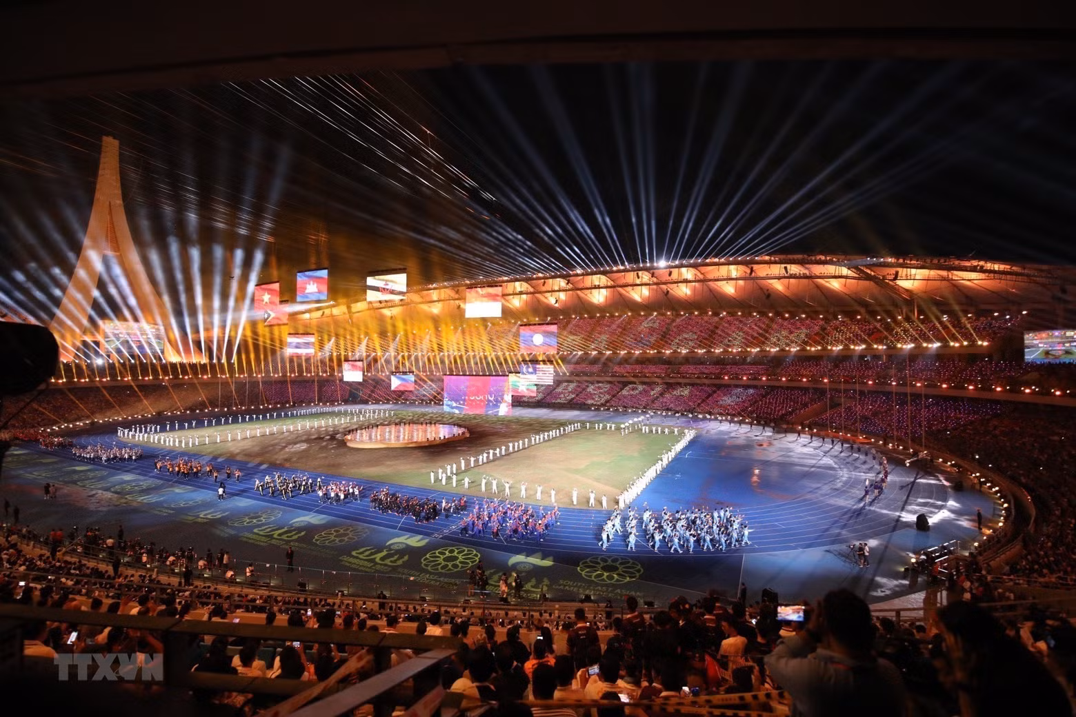 Morodok Techo Stadium is lit up at the closing ceremony of the 32nd SEA Games.