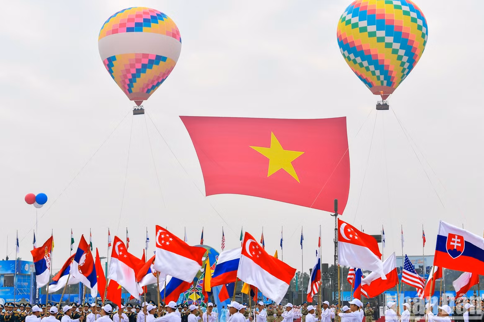 An overview of the flag-raising ceremony during the rehearsal for the expo.