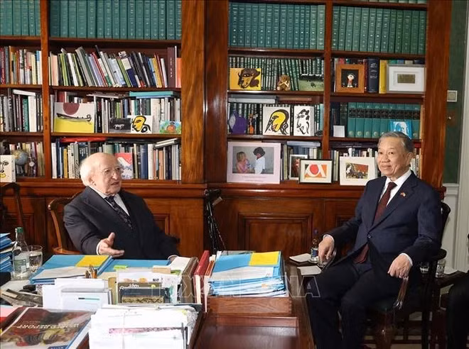 Party General Secretary and President of Vietnam To Lam (right) and President of Ireland Michael Higgins at their private meeting prior to the talks in Dublin on October 2. (Photo: VNA)