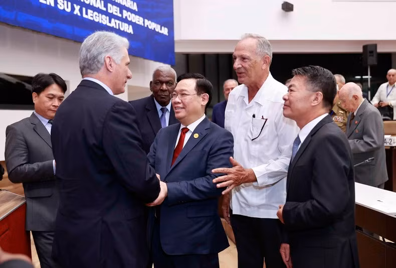 First Secretary of the Communist Party of Cuba Central Committee and President of Cuba Miguel Díaz-Canel and NA Chairman Vuong Dinh Hue at the special session. (Photo: DOAN TAN)