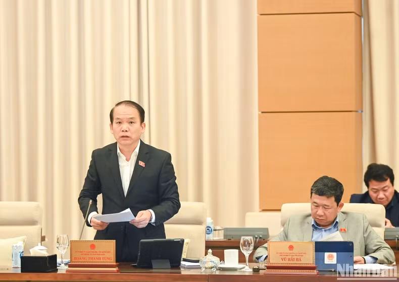 Chairman of the NA's Committee for Legal Affairs Hoang Thanh Tung presents an inspection report.