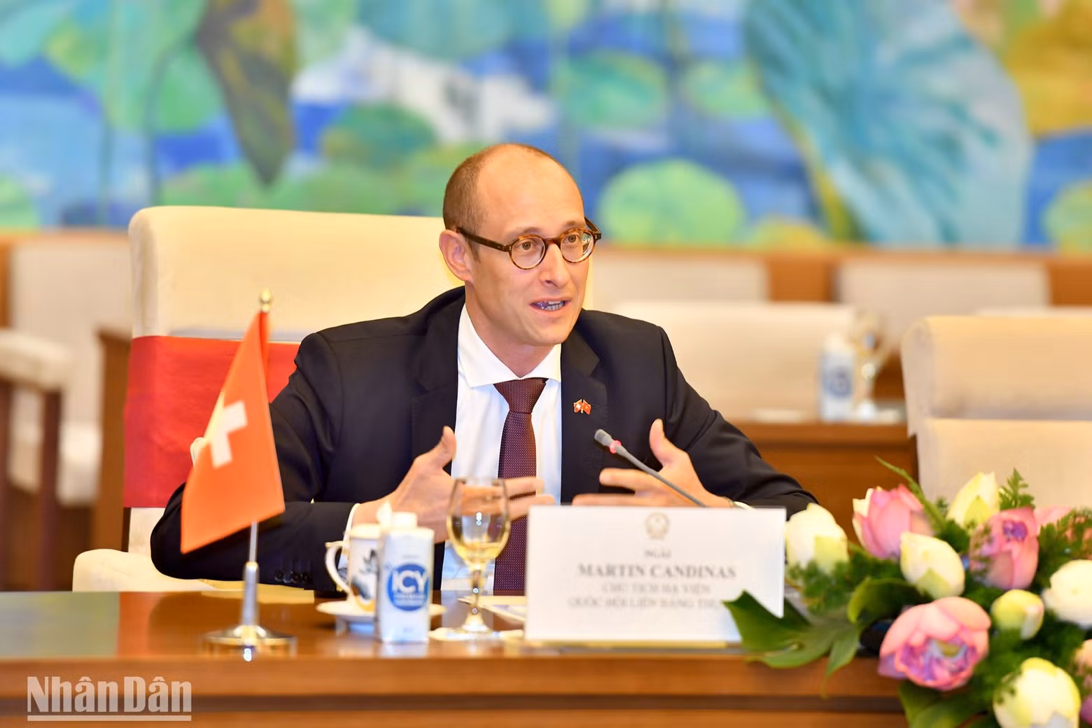President of the National Council of Switzerland Martin Candinas delivers a speech at the talks.