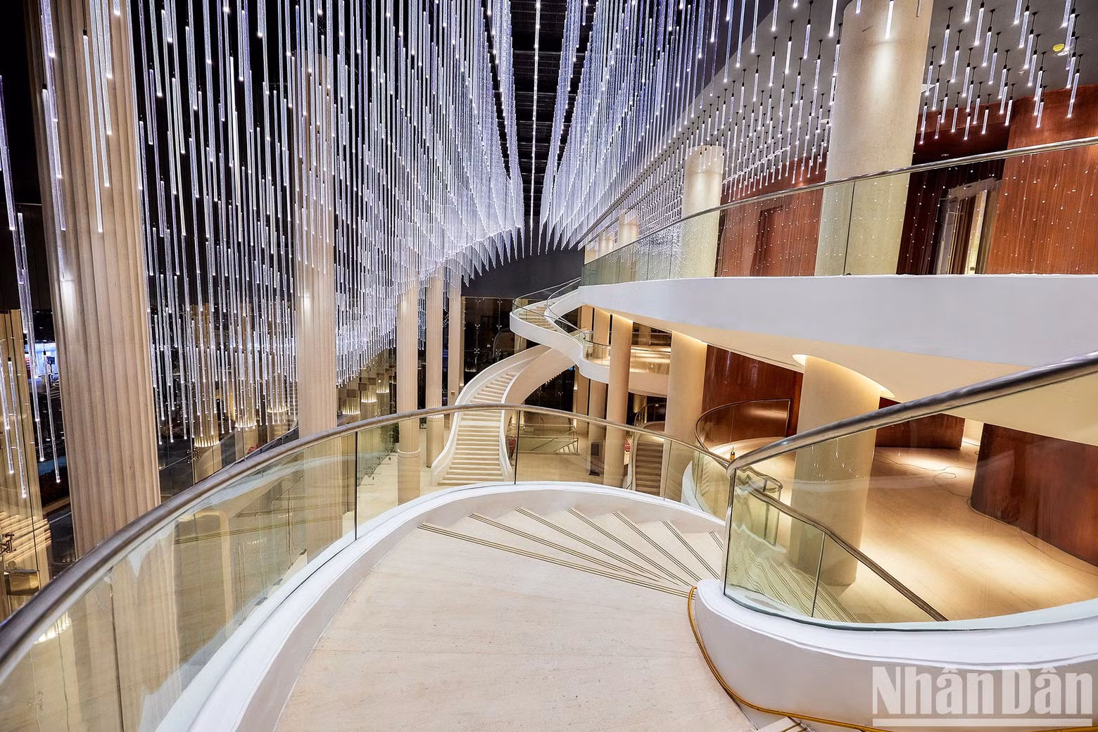 The main hall of the theatre was inspired by the starry night sky, with 3,000 led lights dropping from the ceiling.