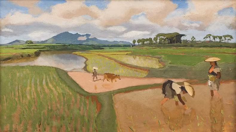 The painting titled “Ba Vi Range seen from a Son Tay field" is an oil painting by Joseph Inguimberty. The painting titled “Ba Vi Range seen from a Son Tay field" is an oil painting by Joseph Inguimberty.