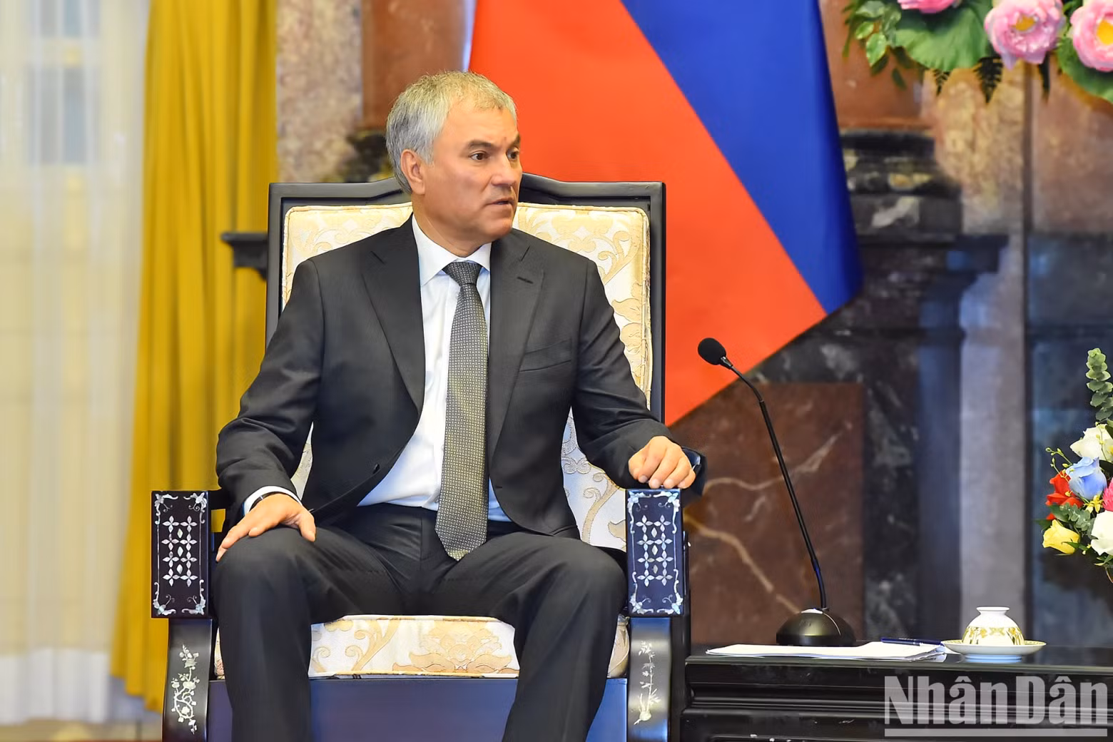 Russian State Duma Chairman Vyacheslav Viktorovich Volodin speaks at the reception.