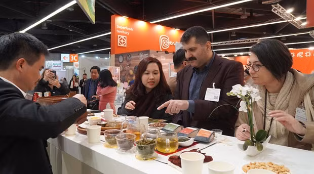 Visitors inquire about Vietnam's organic tea. (Photo: VNA)