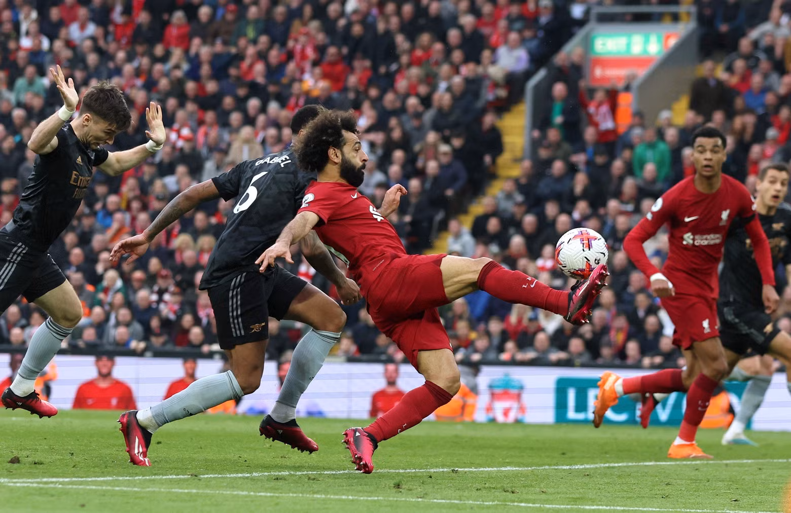 Liverpool's Mohamed Salah in action with Arsenal's Gabriel Premier League - Liverpool v Arsenal - Anfield, Liverpool, the UK - April 9, 2023. (Photo: Reuters)