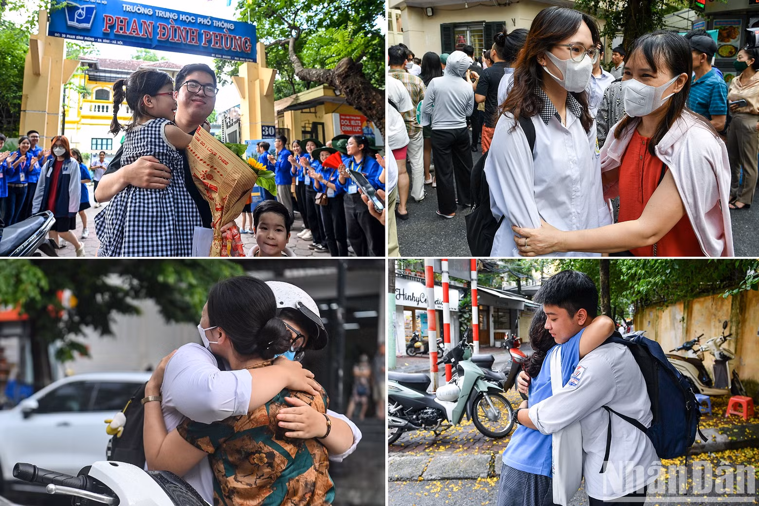 Candidates hug in relief with their relatives after finishing the exam.