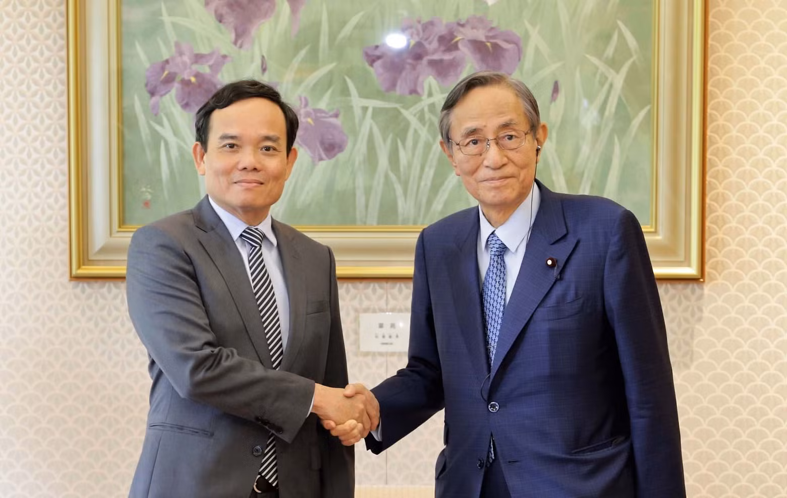 Deputy PM Tran Luu Quang (L) and Speaker of the House of Representatives of Japan Hosoda Hiroyuki (Photo: VNA)