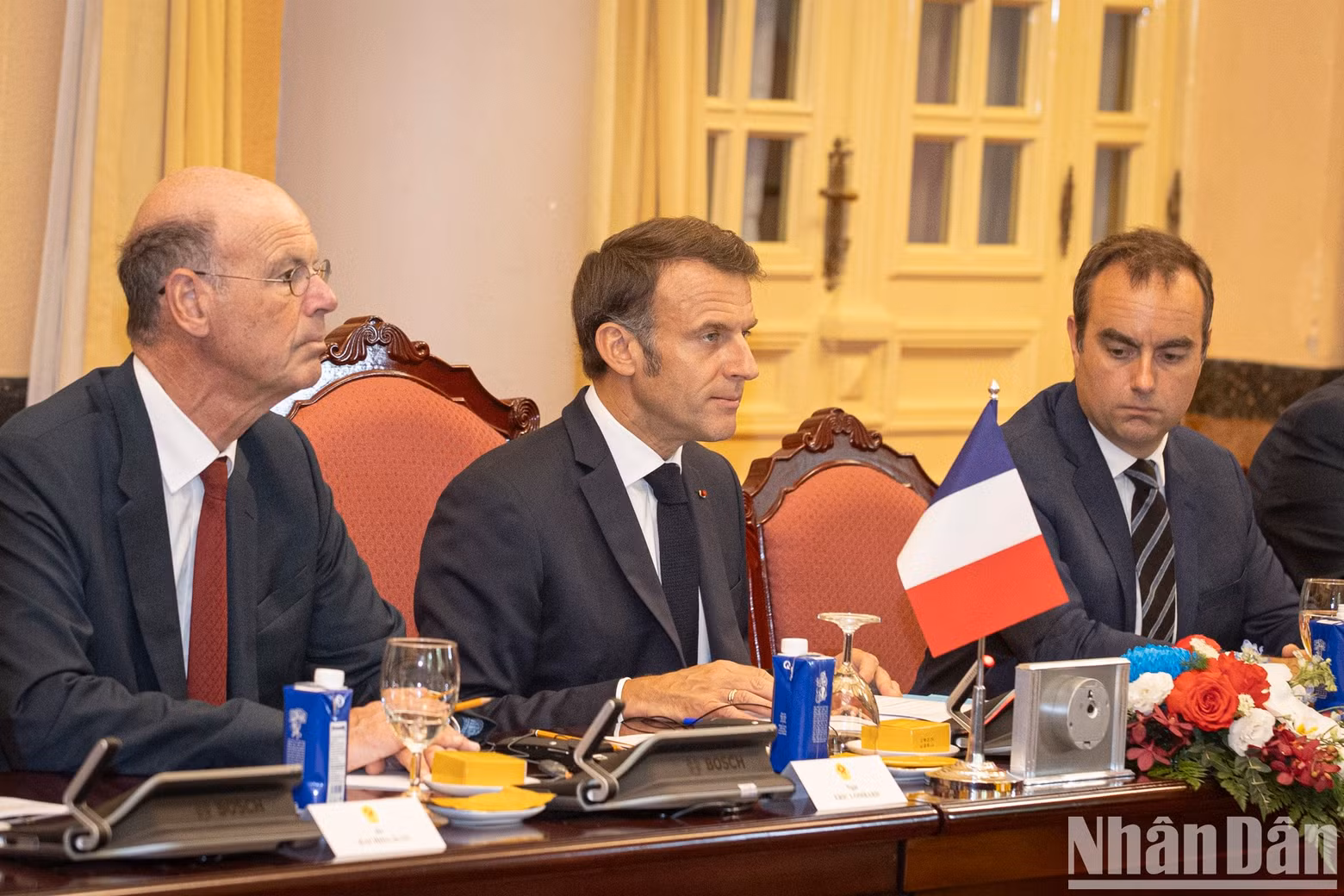 French President Emmanuel Macron speaking during the talks.