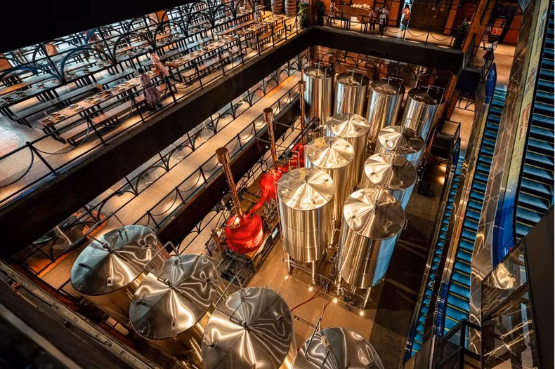 Close-up of the modern brewing equipment at Ba Na Brew House.