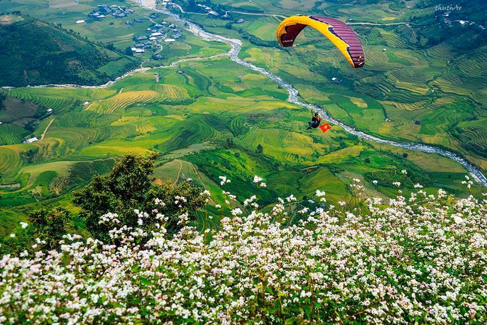 A paraglider shows off his skills from the Khau Pha mountain pass.