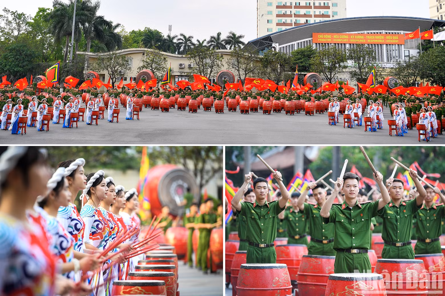 A drum performance boasts a large scale. This performance has been performed and completed at many large events.