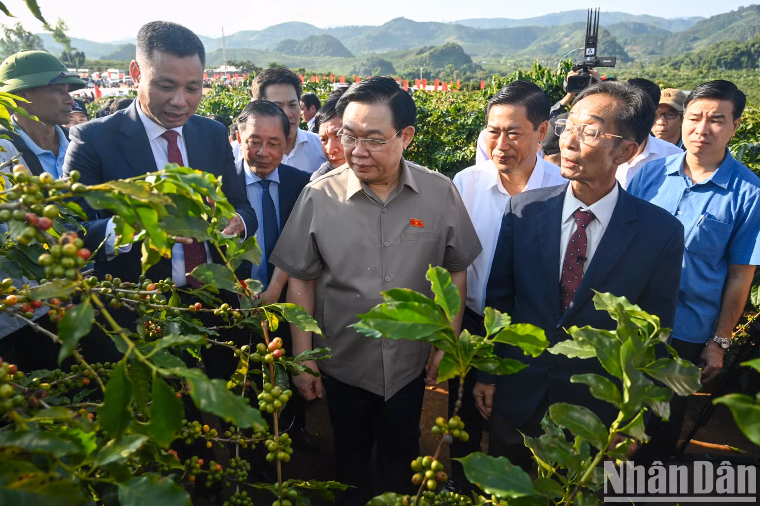 National Assembly Chairman Vuong Dinh Hue and delegates visit the coffee farms in Hoang Van Thu village.