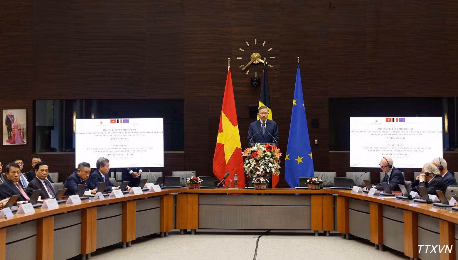 General Secretary of the Communist Party of Viet Nam Central Committee and President To Lam gives a policy speech at Egmont – The Royal Institute for International Relations in Brussels on October 23, 2026. (Photo: VNA)