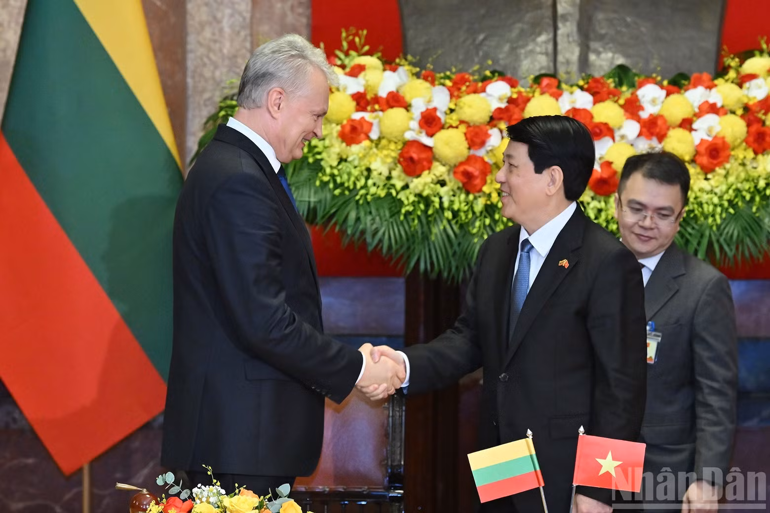 President Luong Cuong and Lithuanian President Gitanas Nauseda shake hands at the signing ceremony.