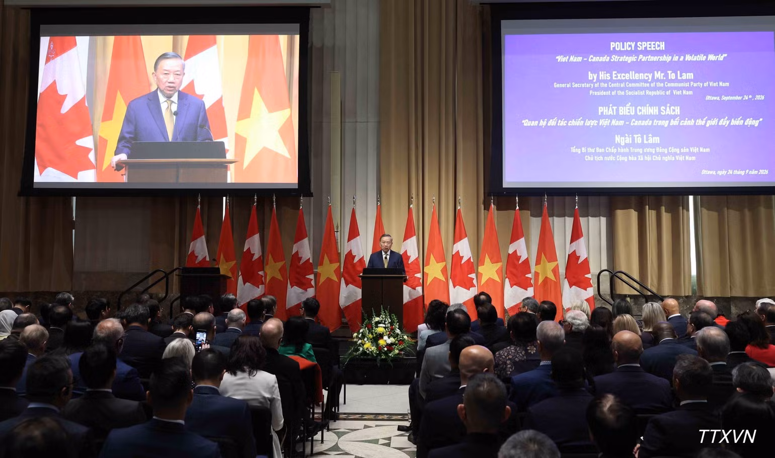 General Secretary of the Communist Party of Viet Nam Central Committee and President To Lam delivers a policy speech at the Parliament of Canada in Ottawa on September 24 afternoon (local time). (Photo: VNA)