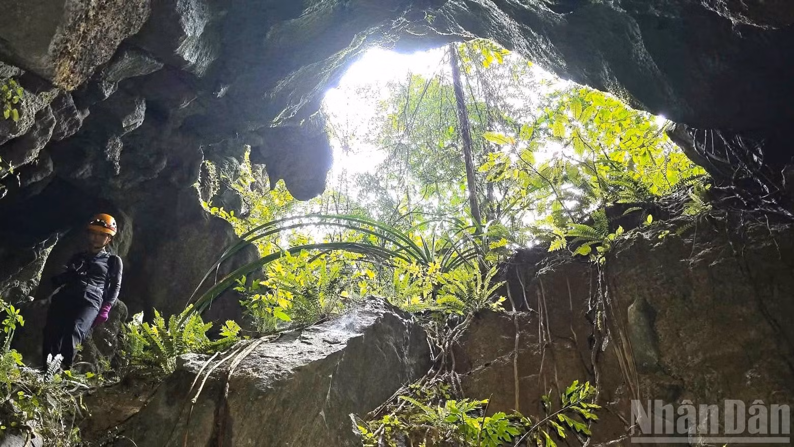 The expedition team searches for a route to reach the sinkhole’s rim.