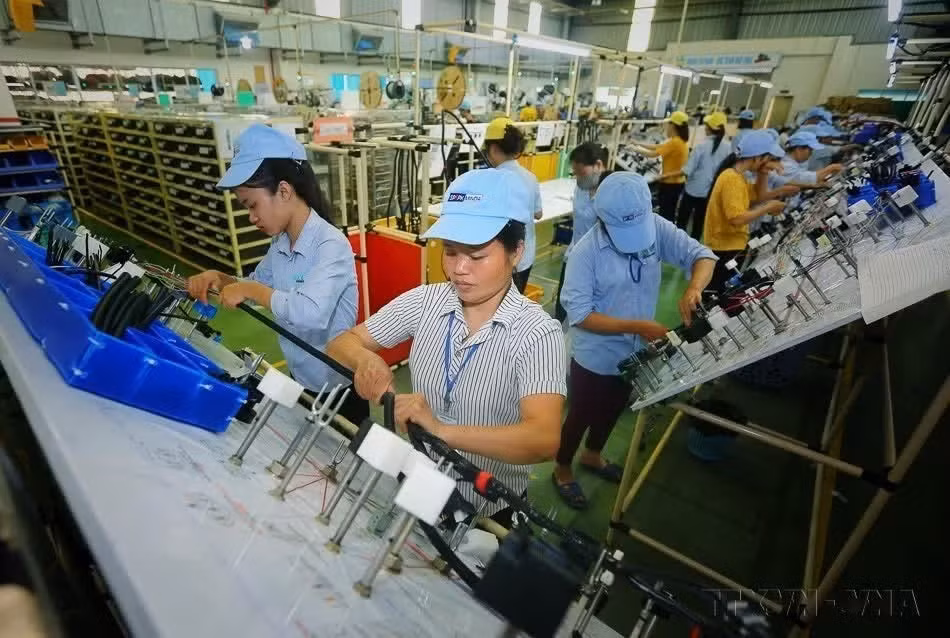 Production of electrical and electronic components at Minda Viet Nam Automotive Components Co., Ltd. (an Indian-invested enterprise) in Vinh Phuc Province. (Photo: VNA)
