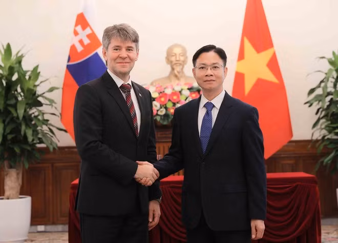 Vietnamese Deputy Minister of Foreaign Affairs Ngo Le Van (R) receives Marek Estok, Secretary of State at the Ministry of Foreign and European Affairs of Slovakia, who is on a working visit to Viet Nam. (Photo: VNA)