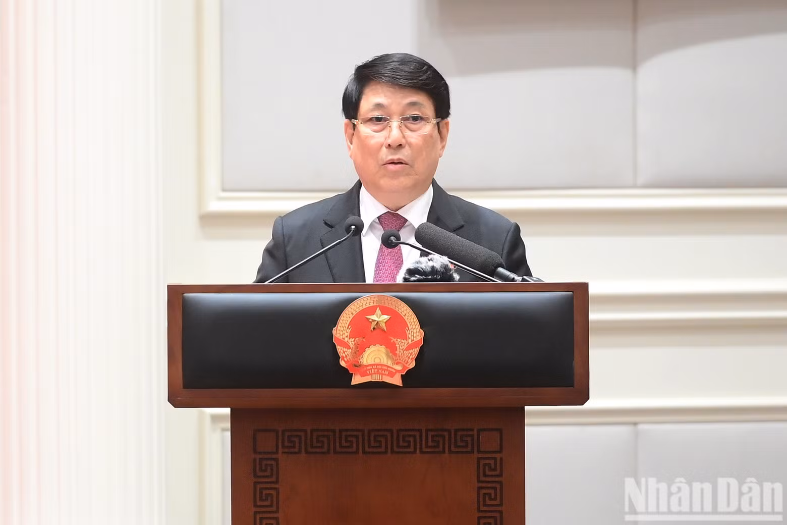Former State President Luong Cuong speaks on behalf of those receiving Orders and Party membership badges at the meeting.