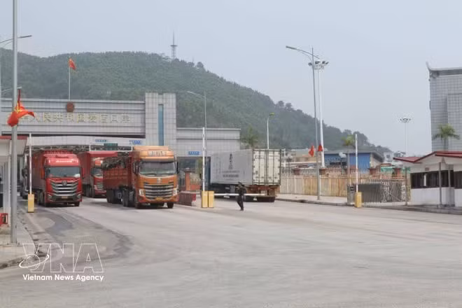 Vehicles transporting import-export goods pass through Chi Ma border gate in Lang Son. (Photo: VNA)