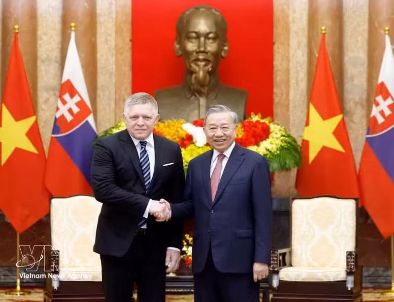 Party General Secretary and State President To Lam (R) and Slovak Prime Minister Robert Fico (Photo: VNA)