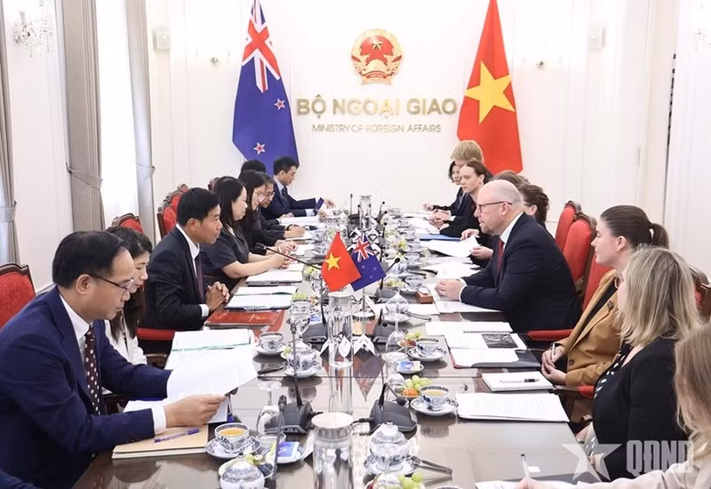 Vietnamese Deputy Minister of Foreign Affairs Nguyen Manh Cuong and Deputy Secretary of the New Zealand Ministry of Foreign Affairs and Trade Grahame Morton co-chair the 14th political consultation between the two foreign ministries in Ha Noi on October 19. (Photo: qdnd.vn)