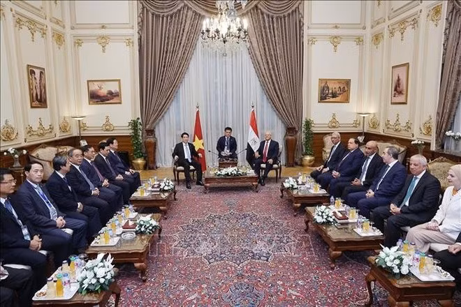 State President Luong Cuong meets with Speaker of the Egyptian House of Representatives Hanafy El Gebaly in Cairo on August 6. (Photo: VNA)