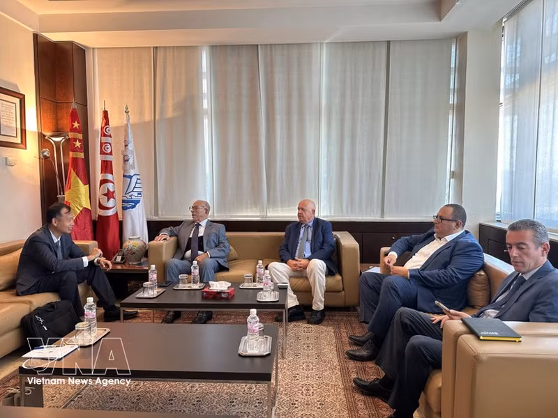 Ambassador Nguyen Nam Duong introduces the investment and business environment in Viet Nam to Tunisian businesses. (Photo: Vietnamese Embassy in Egypt)