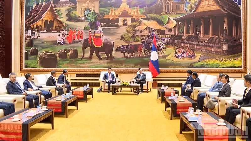 The delegation from the State Audit Office of Viet Nam pays a courtesy call on Lao Prime Minister Sonexay Siphandone. (Photo: TRINH DUNG)