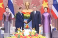 General Secretary and President To Lam and his spouse with King of Thailand Maha Vajiralongkorn Phra Vajiraklaochaoyuhua and the Queen at the talks. (Photo: DANG KHOA)