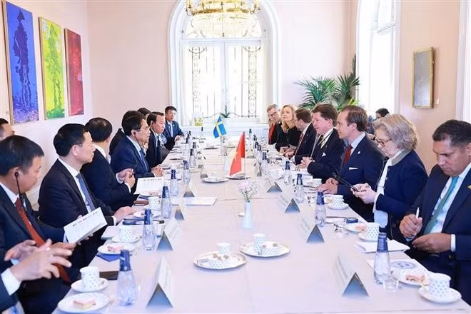 Prime Minister Pham Minh Chinh has a meeting with Speaker of the Riksdag (Swedish parliament) Andreas Norlén in Stockholm on June 12. (Photo: VNA)