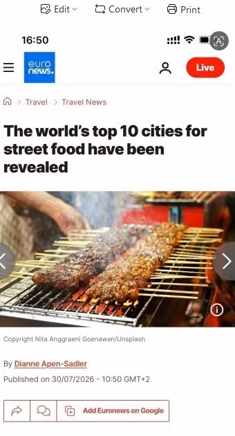 A screenshot of the Euronews article "The world's top 10 cities for street food have been revealed", published on July 30, 2026.