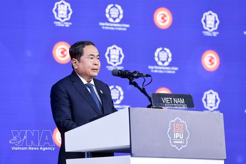 Chairman of the Vietnamese National Assembly Tran Thanh Man speaks at the general debate of the 152nd Assembly of the Inter-Parliamentary Union (IPU-152) in Türkiye on April 16, 2026. (Photo: VNA)