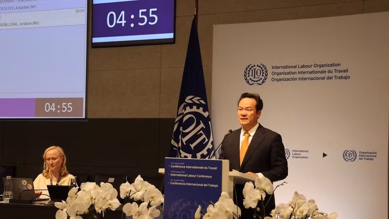 Ambassador Mai Phan Dung, Permanent Representative of Viet Nam to the United Nations Office in Geneva, addresses the plenary discussion of the 114th session of the International Labour Conference (ILC114) of the International Labour Organisation (ILO) on June 8. (Photo: VNA)