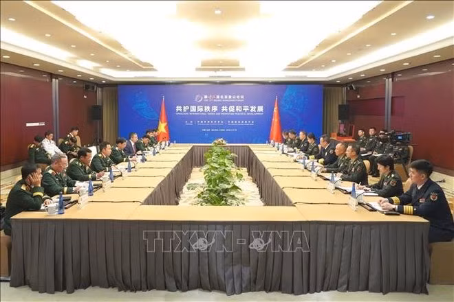 Vietnamese Minister of National Defence Gen. Phan Van Giang (fifth, left) and Chinese Minister of National Defence Sen. Lt. Gen. Dong Jun (fifth, right) at their meeting in Beijing. (Photo: VNA)