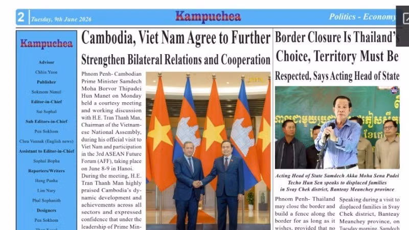 Kampuchea newspaper publishes an article on the meeting between Vietnamese National Assembly Chairman Tran Thanh Man and Prime Minister Hun Manet