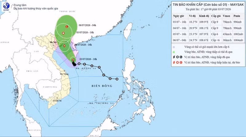 A map shows the path of storm Maysak as of 5:00 pm on July 3, 2026 (Photo: National Centre for Hydro-Meteorological Forecasting)