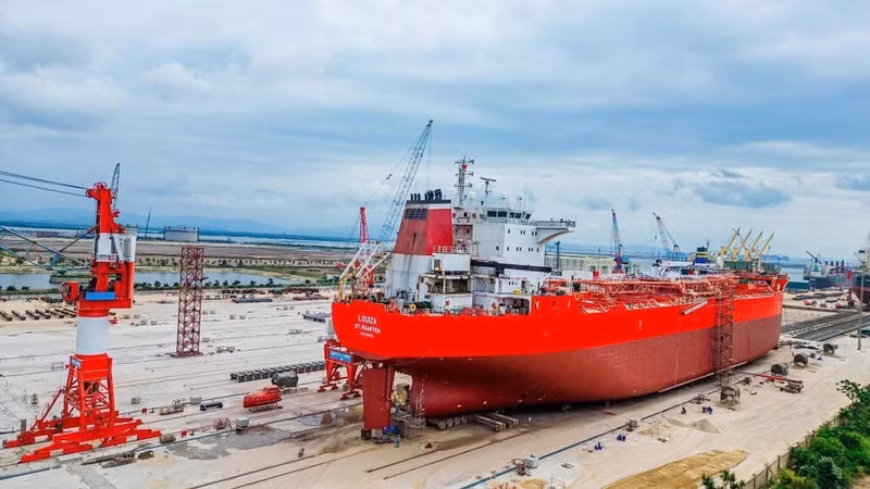 A vessel in the dry dock area at the shipyard, where hull repairs, technical inspections, maintenance and finishing works are carried out simultaneously before the ship returns to service.